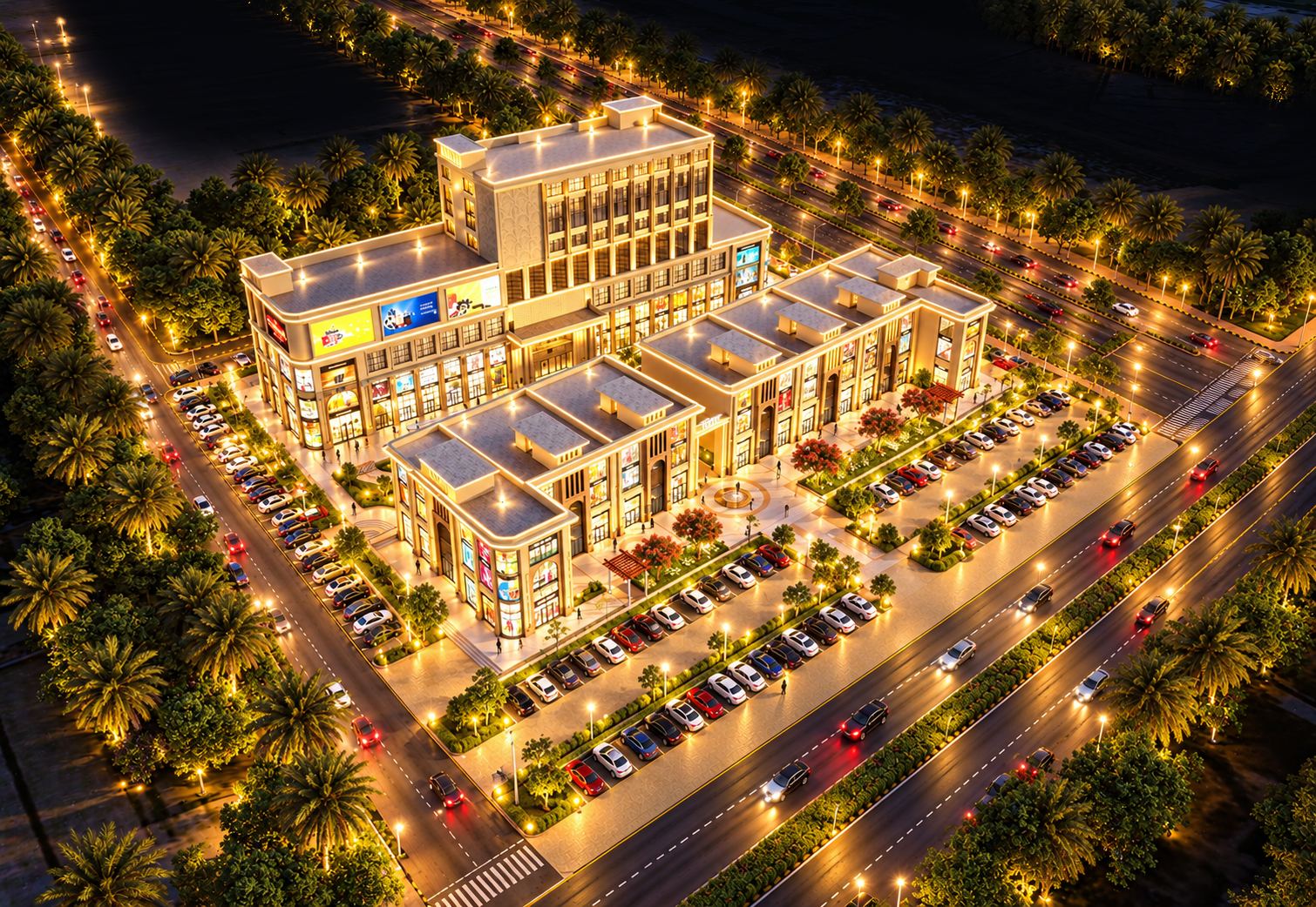 Night view of Meerut Trade Centre, lit in gold, with cars on the surrounding roads