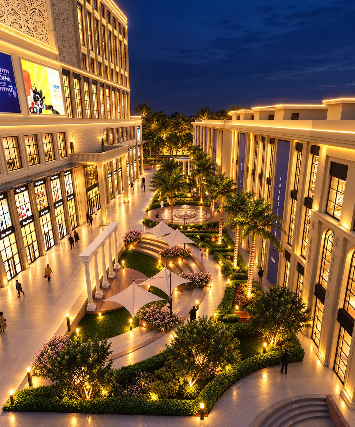 The landscaped courtyard at night, with fountain, canopies and lit shopfronts